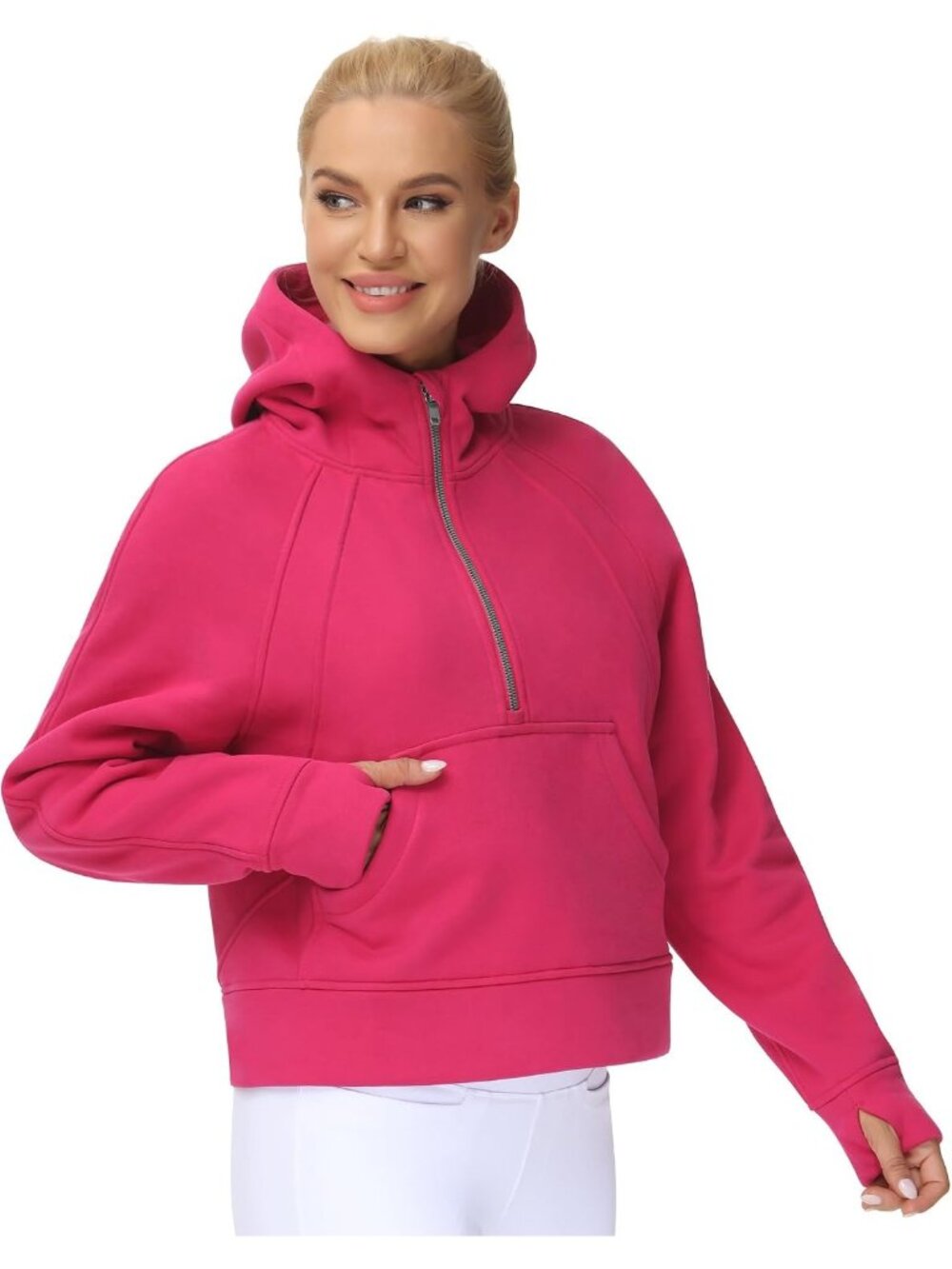 Women's Bright Pink Fleece Lined Half Zip Thumb Hole Cropped Pullover Sweatshirt